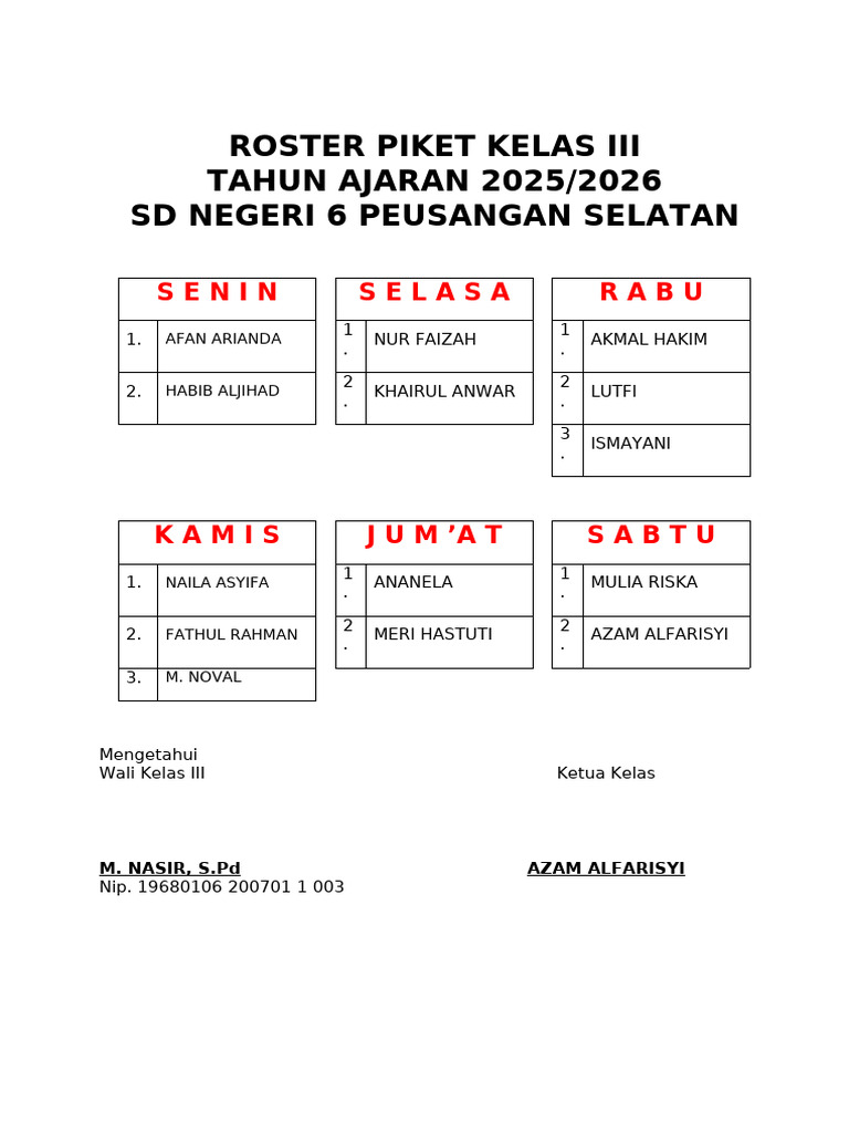 Roster Piket Kelas III 2025/2026 | PDF