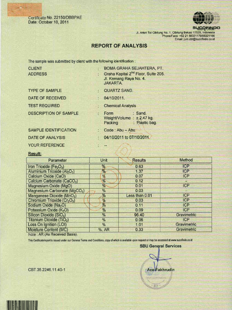 Quartz Sand Chemical Analysis Report | PDF | Magnesium | Solid State ...