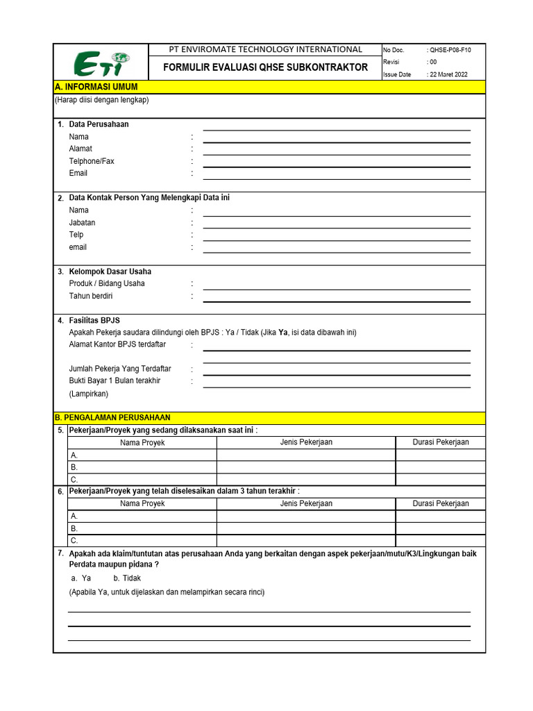 QHSE-P08-F10 - Formulir Evaluasi HSE Subkontraktor, Vendor1 | PDF