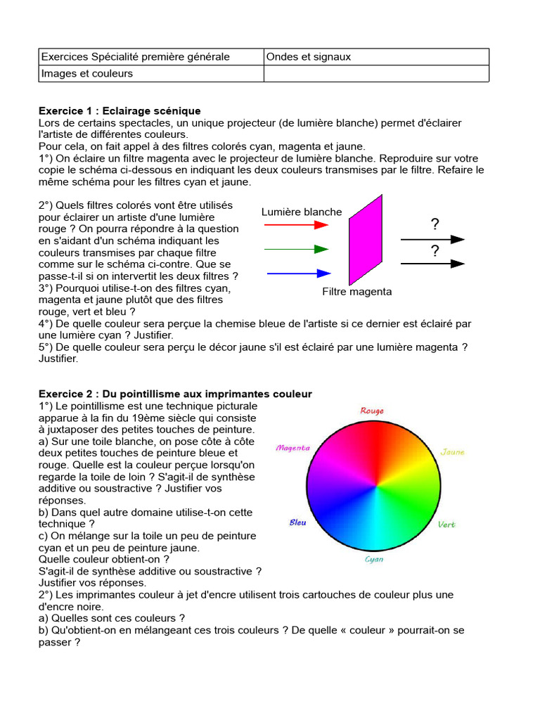 Exercices sur les couleurs et filtres lumineux | PDF | Couleur | Jaune