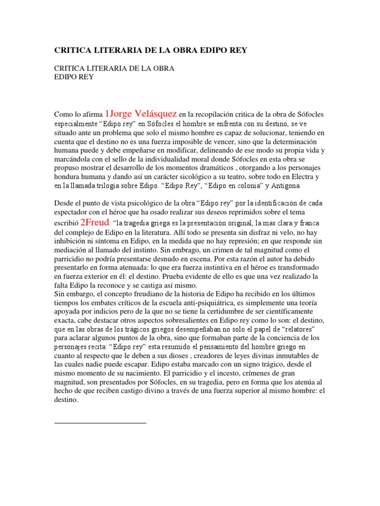 Critica Literaria de La Obra Edipo Rey (1) Edipo Sófocles