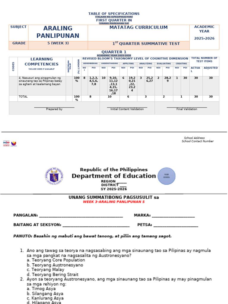 Week 3-Aral Pan 5 (Matatag) - 1st Summative Test 2025-2026 | PDF