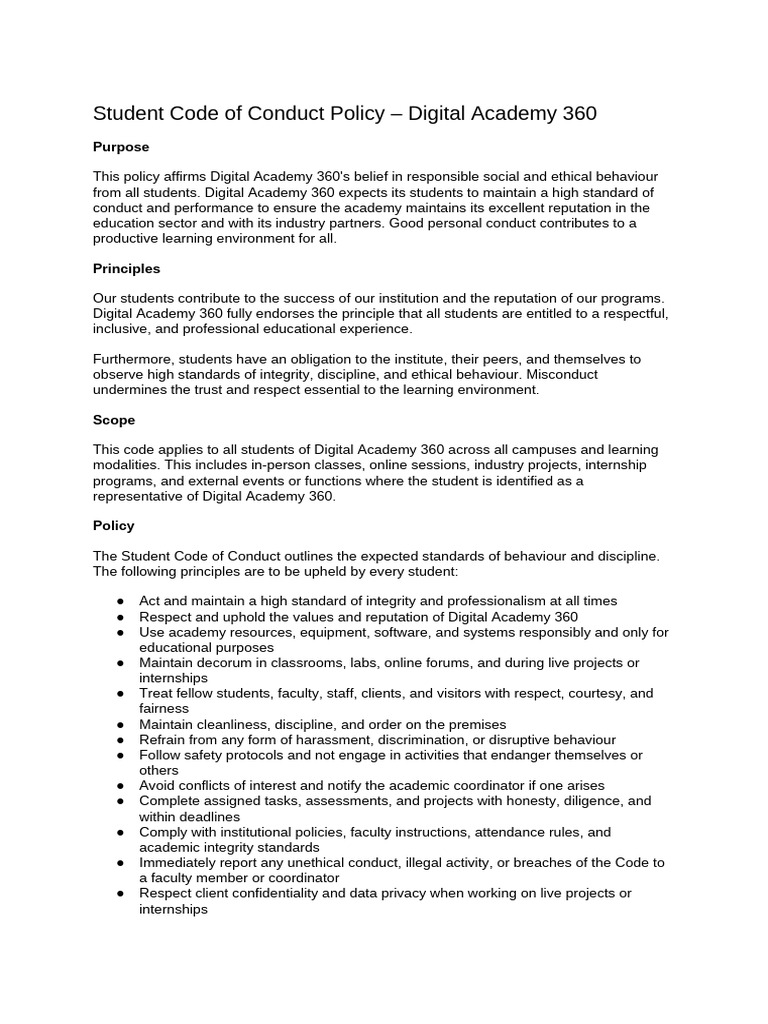Student Conduct Policy - Digital Academy 360 | PDF | Integrity ...