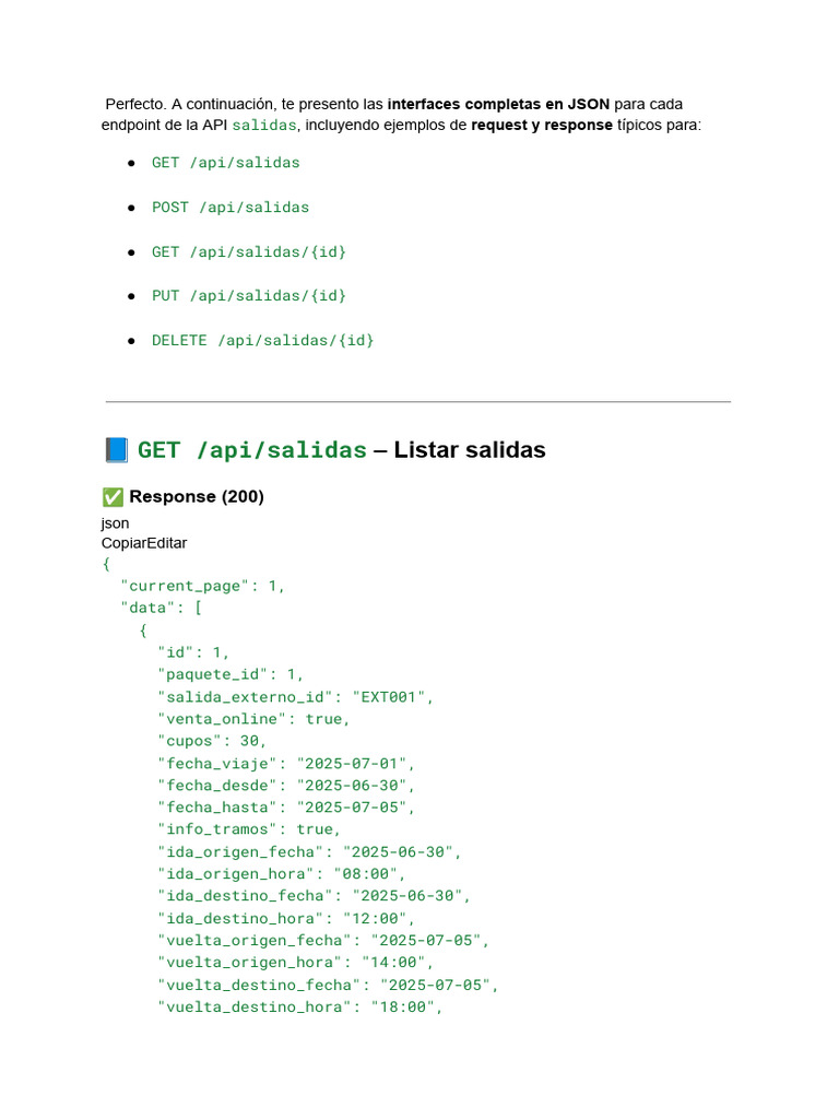 API Salidas: Endpoints y Ejemplos JSON | PDF | Formatos de archivo de ...