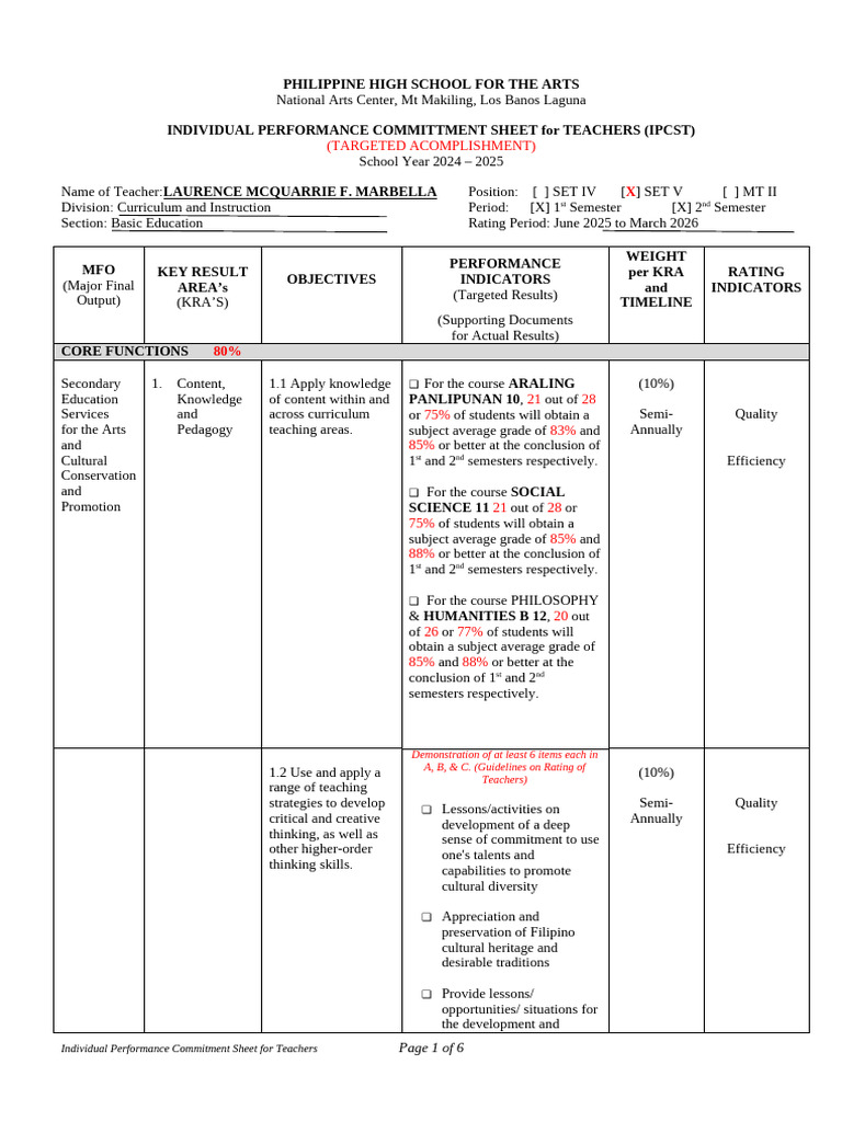 Teacher Performance Commitment Sheet 2024-2025 | PDF | Educational ...