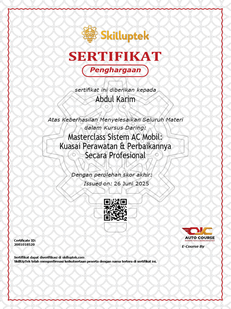 Sertifikat Masterclass AC Mobil Abdul Karim | PDF