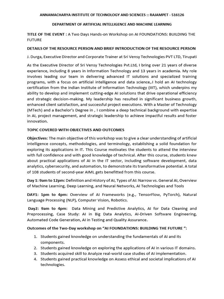2024-25 Ai - Foundation II Aiml I Sem Workshop | PDF | Artificial ...
