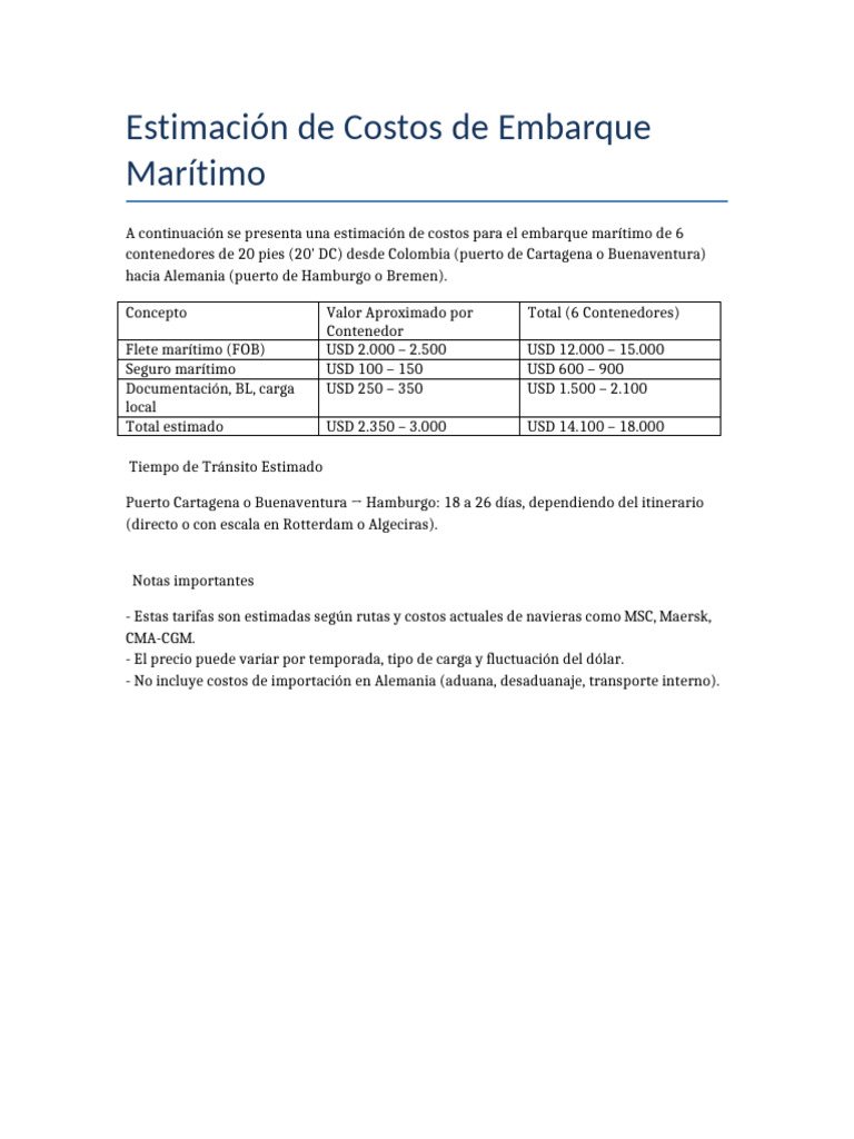 Costos de Embarque Marítimo desde Colombia | PDF