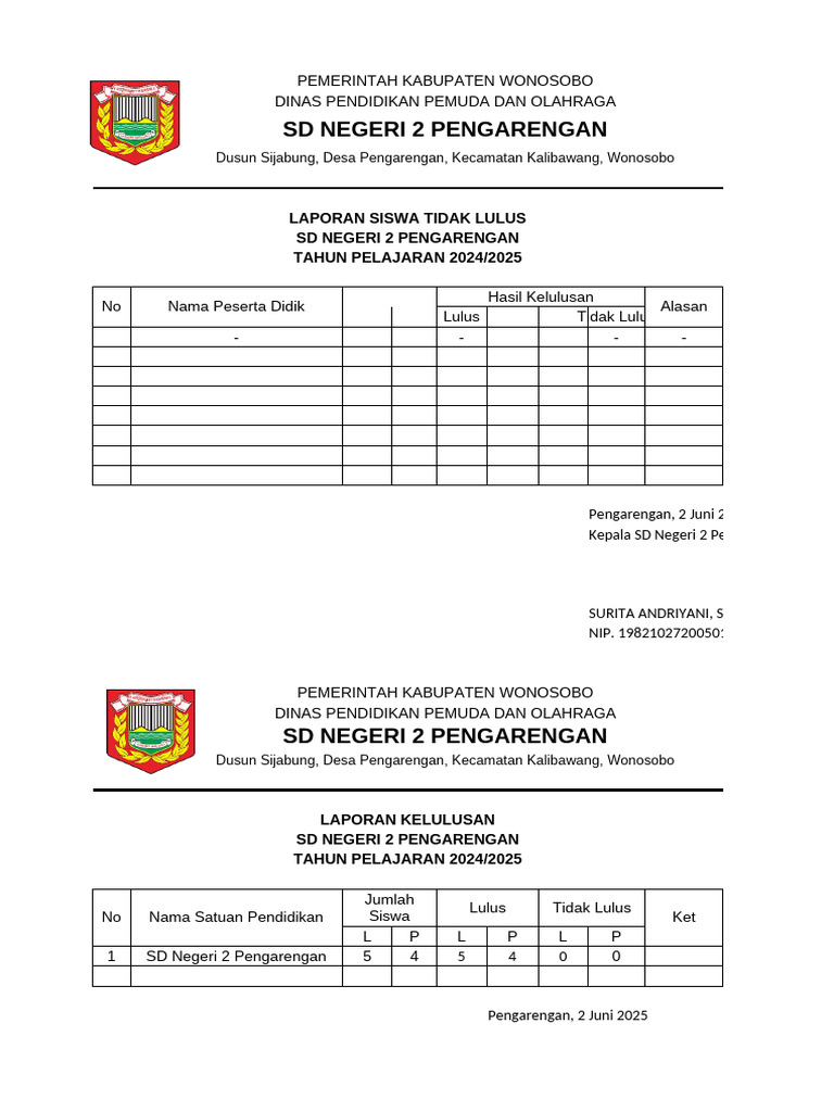 Laporan Kelulusan SD Negeri 2 Pengarengan | PDF