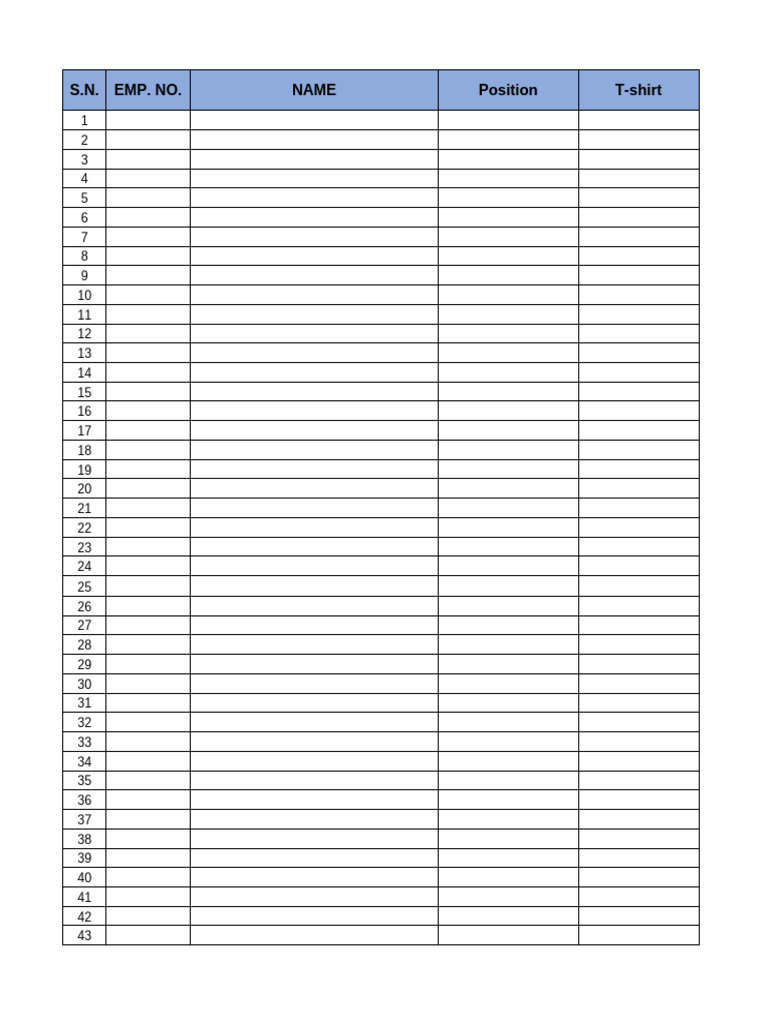 Employee Uniform Sizes and Positions | PDF