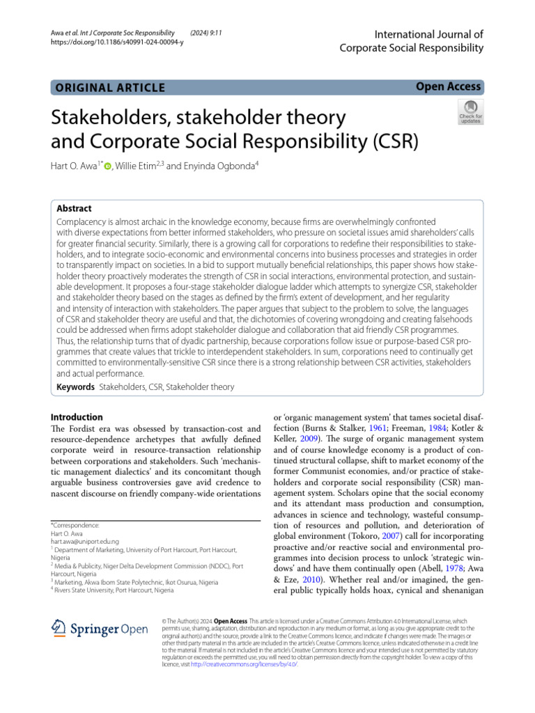 Stakeholder Theory and CSR Integration | PDF | Corporate Social ...