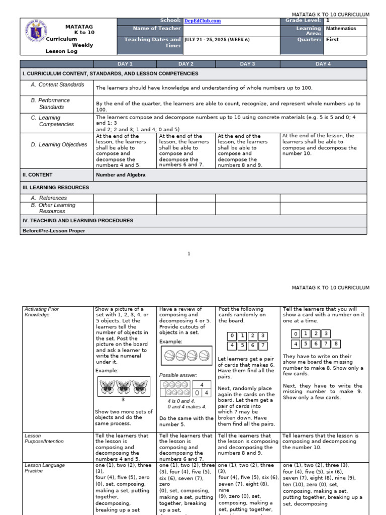 Week 6 Math Lesson Plan for Grade 1 | PDF | Curriculum | Learning