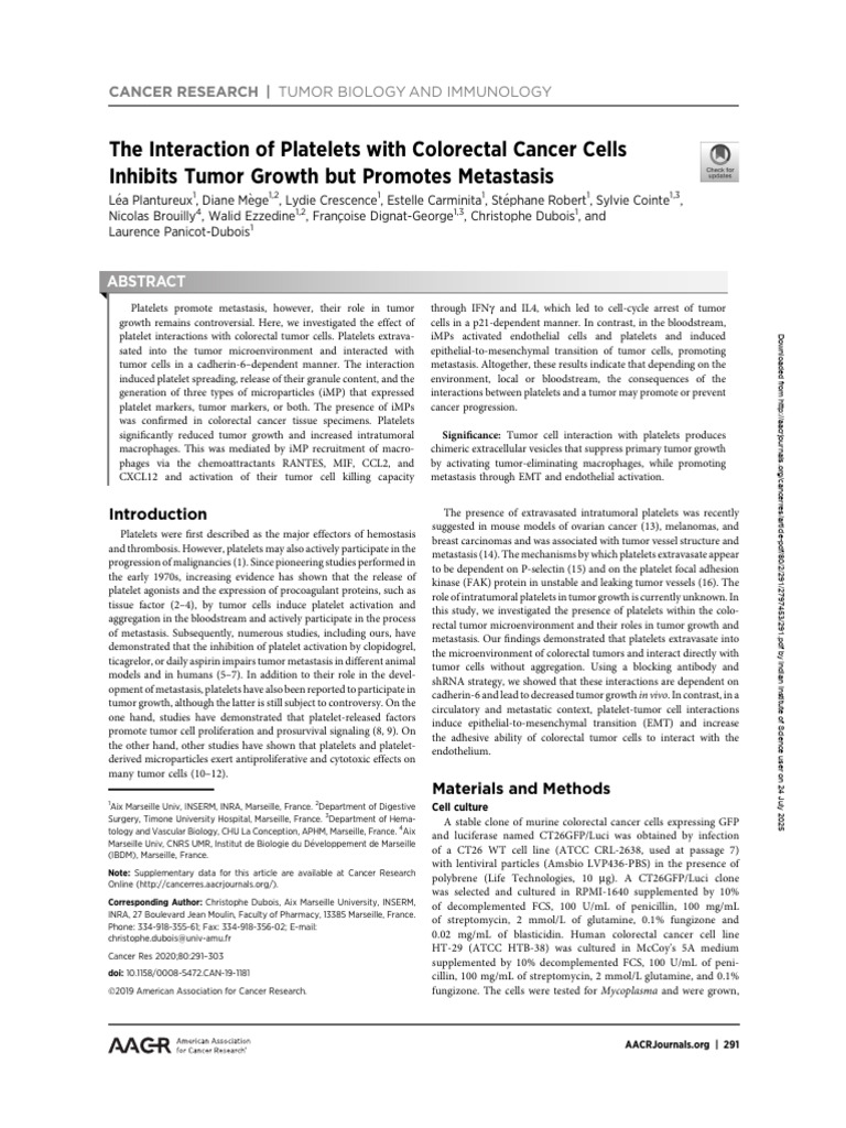 The Interaction of Platelets With Colorectal Cancer Cells Inhibits ...