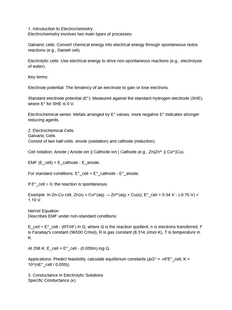 Class 12 Electrochemistry Summary | PDF | Electrochemistry | Redox