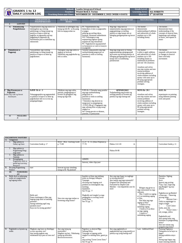 DLL - All Subjects 1 - Q2 - W4 - D3 | PDF