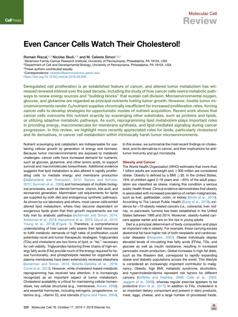 Cholesterol's Role in Cancer Metabolism | PDF | Cholesterol | Lipoprotein