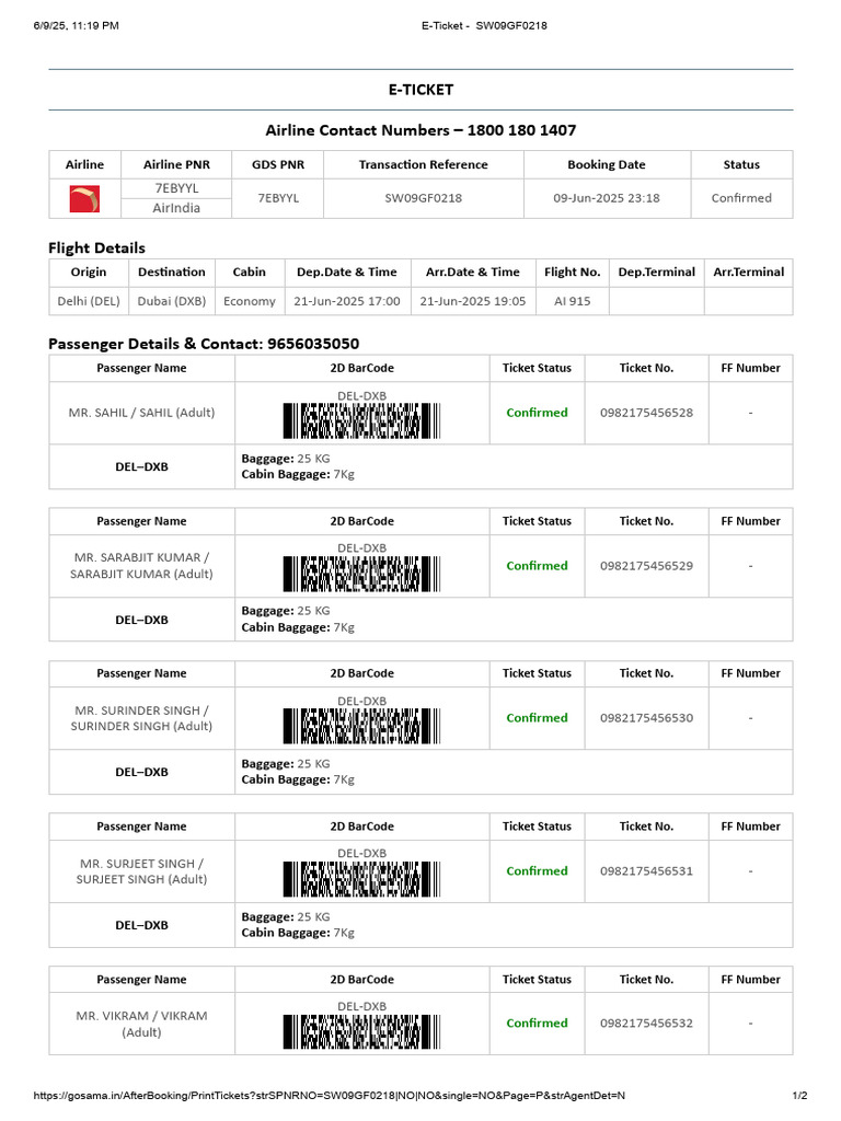 Acc - Ticket - 21-06-2025 (Del-Dxb) 6 Pax | PDF | Baggage | Aviation