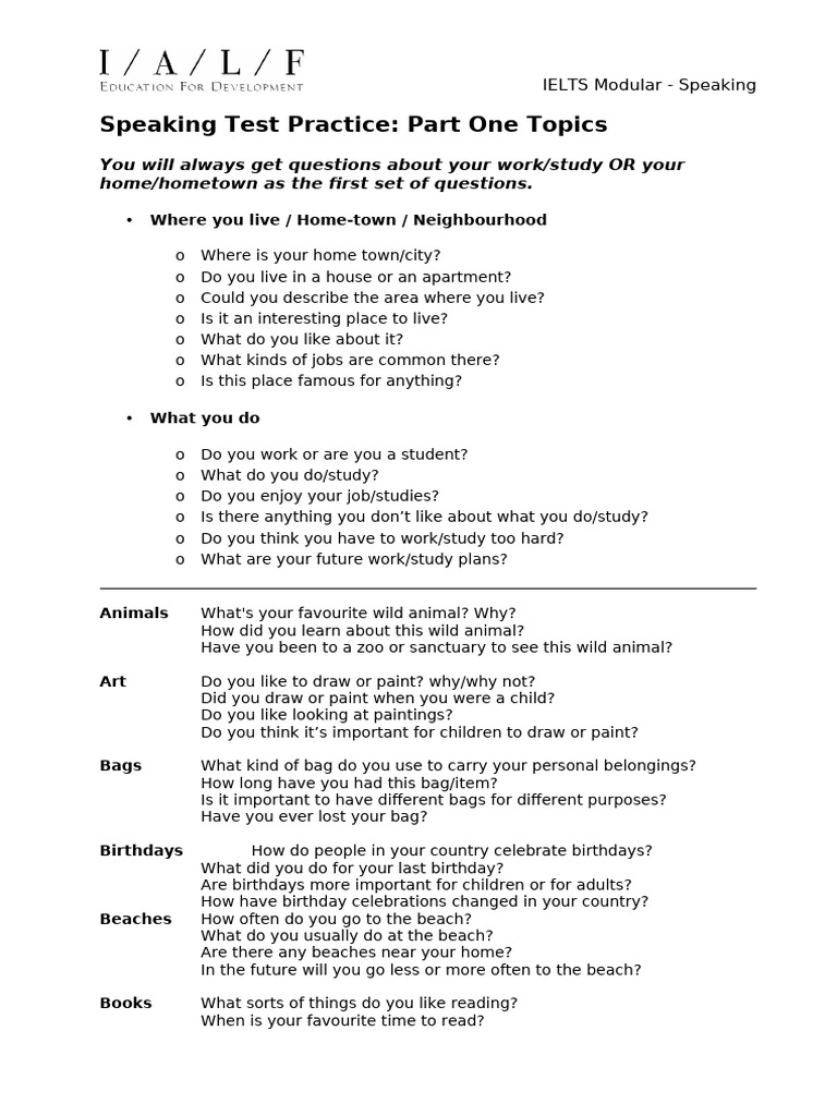 IELTS Speaking Test Practice Topics | PDF | Bus