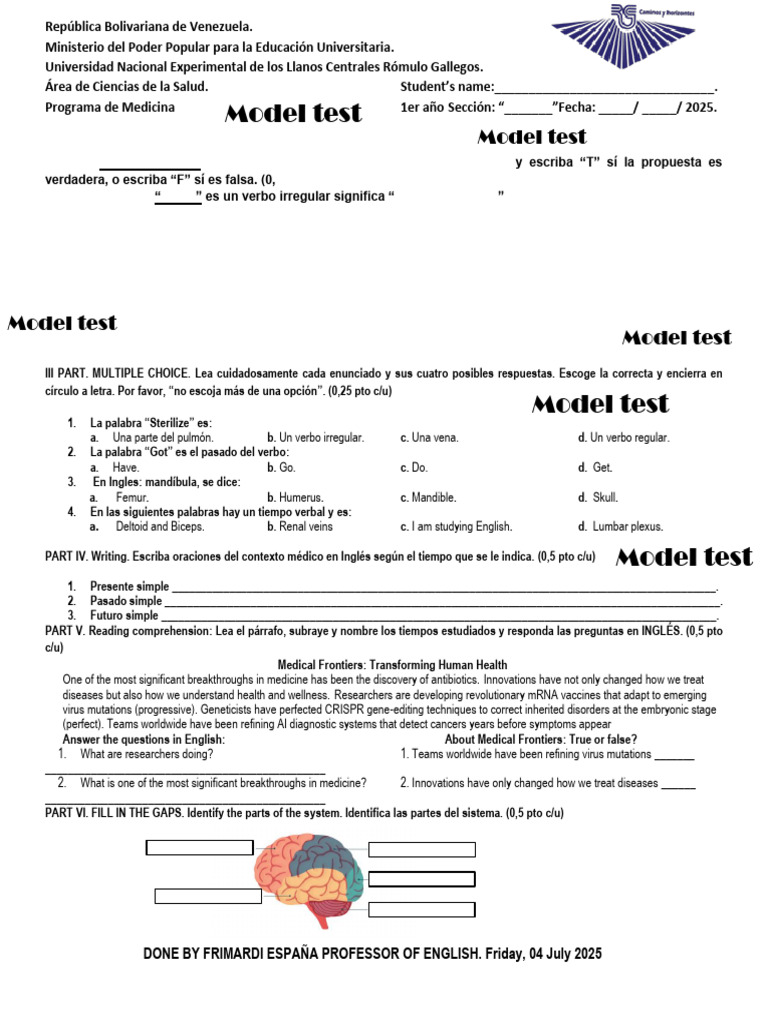 Modelo de La Prueba Parcial de Inglés Instrumental 2do Lapso | PDF ...