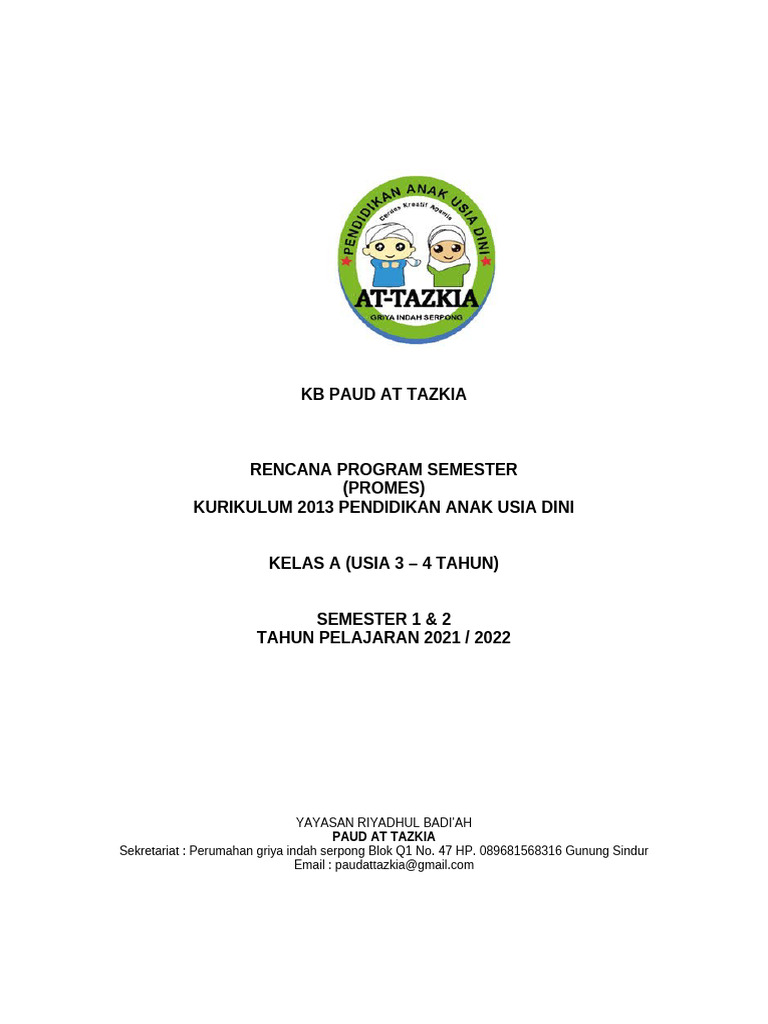 Prosem Kelas A 3-4 Tahun k13 Semester 1,2 | PDF