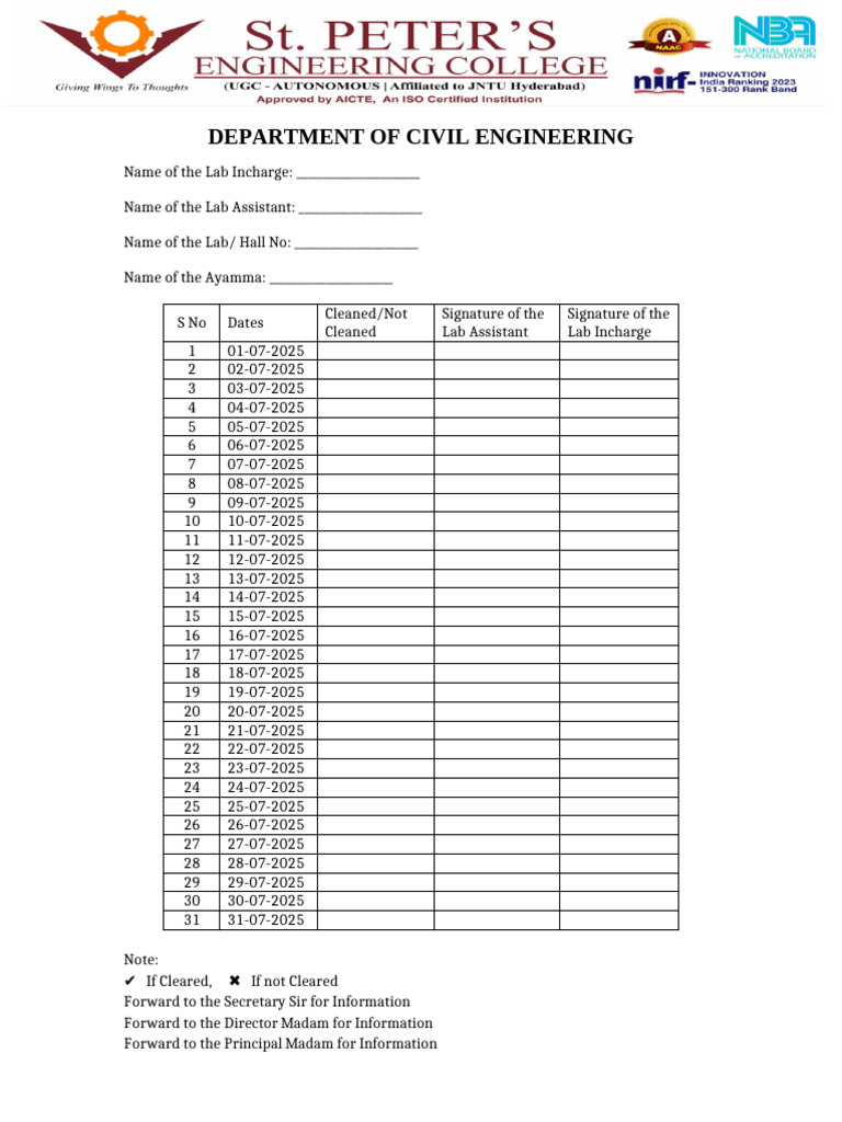 Lab Cleaning Schedule for July 2025 | PDF