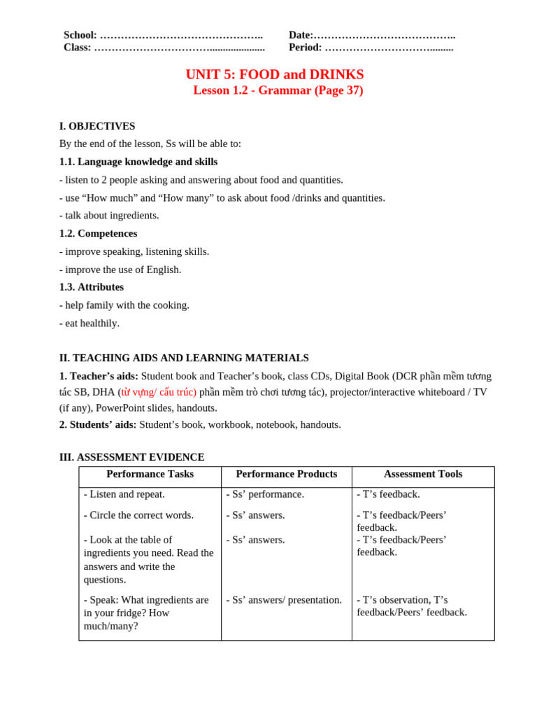 Food and Drink Grammar Lesson Plan | PDF | Noun | Plural