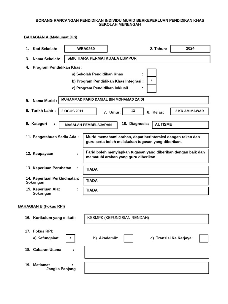 Borang Rpi Farid 2024 | PDF