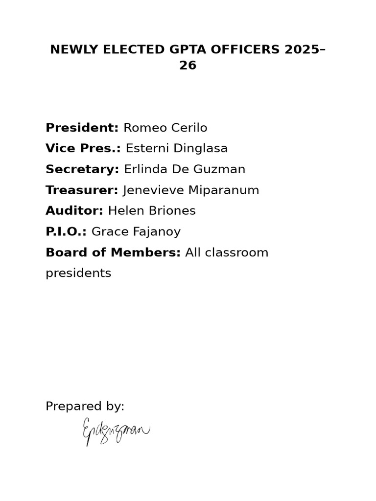 Newly Elected GPTA Officers 2025-26 | PDF