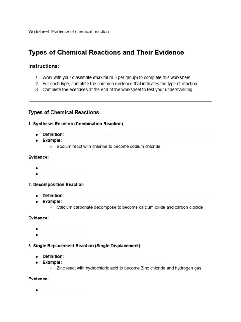 Chemical Reactions Evidence Worksheet | PDF