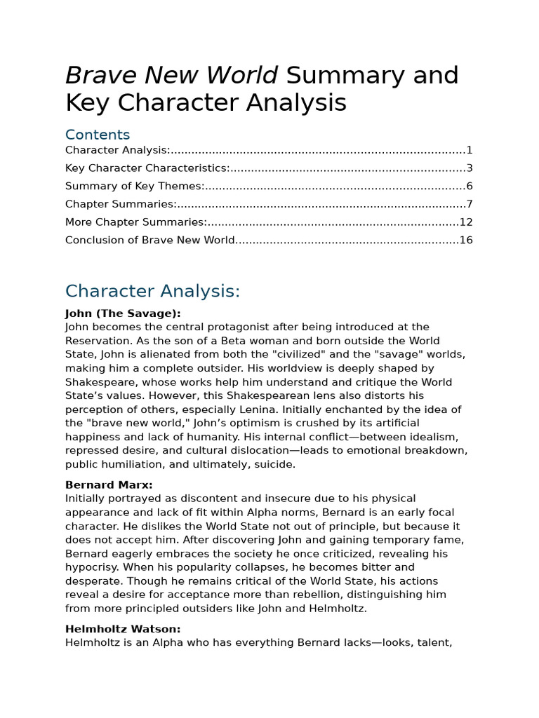Brave New World Summary and Key Character Analysis PDF Psychology