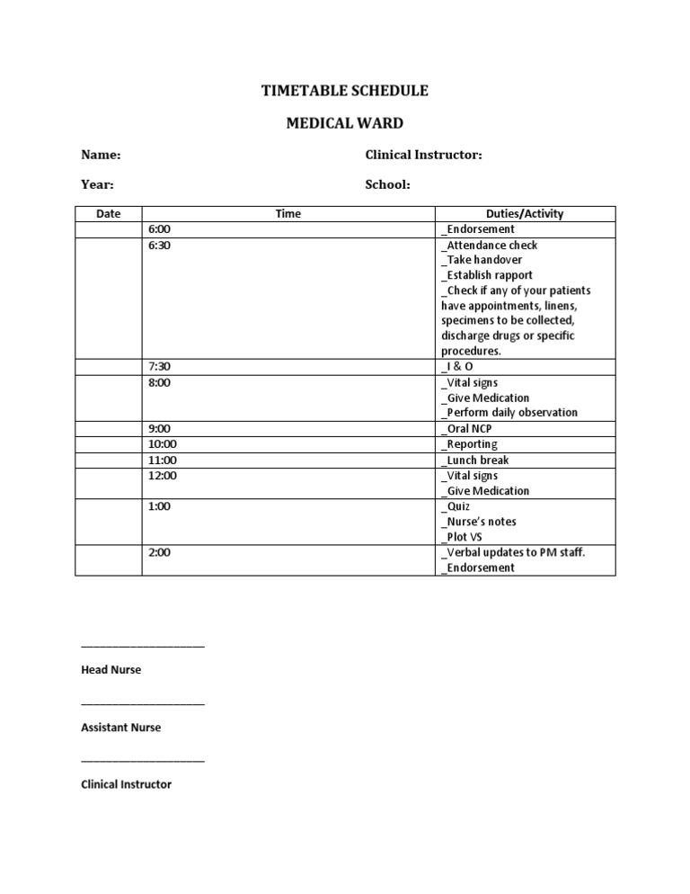 Medical Ward Timetable Schedule | PDF | Wellness