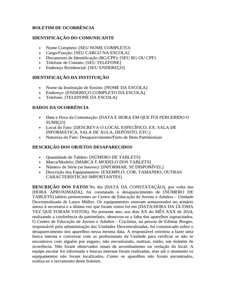 Modelo de Boletim de Ocorrencia Manual | PDF | Escolas