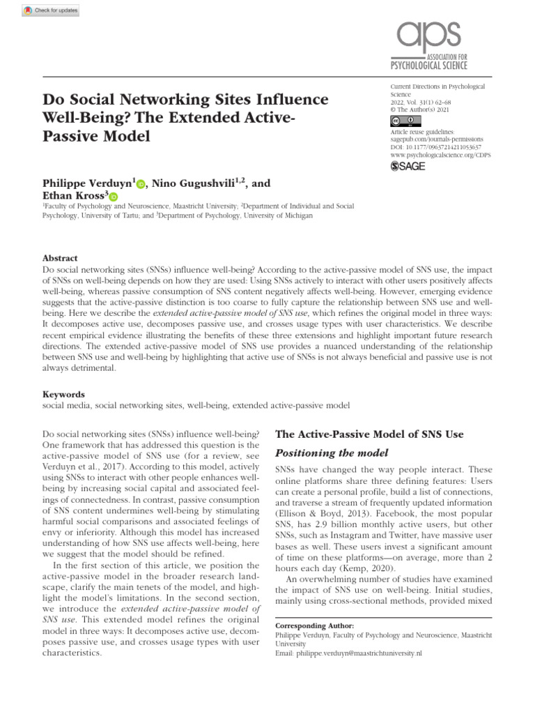 Do Social Network Sites Influence Well Being The Extended Active ...