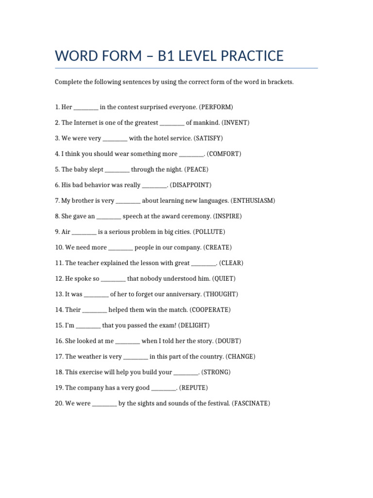 B1 Level Word Formation Exercises | PDF