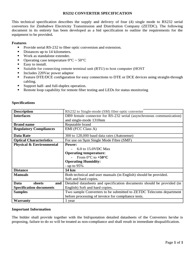ZETDC RS232 Converter Specification 20240224 v02 | PDF | Electrical ...