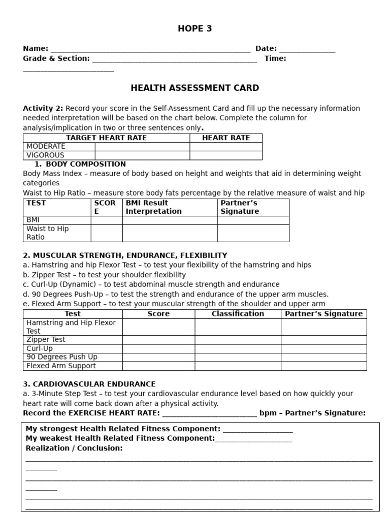 Health Assessment Card Template | PDF