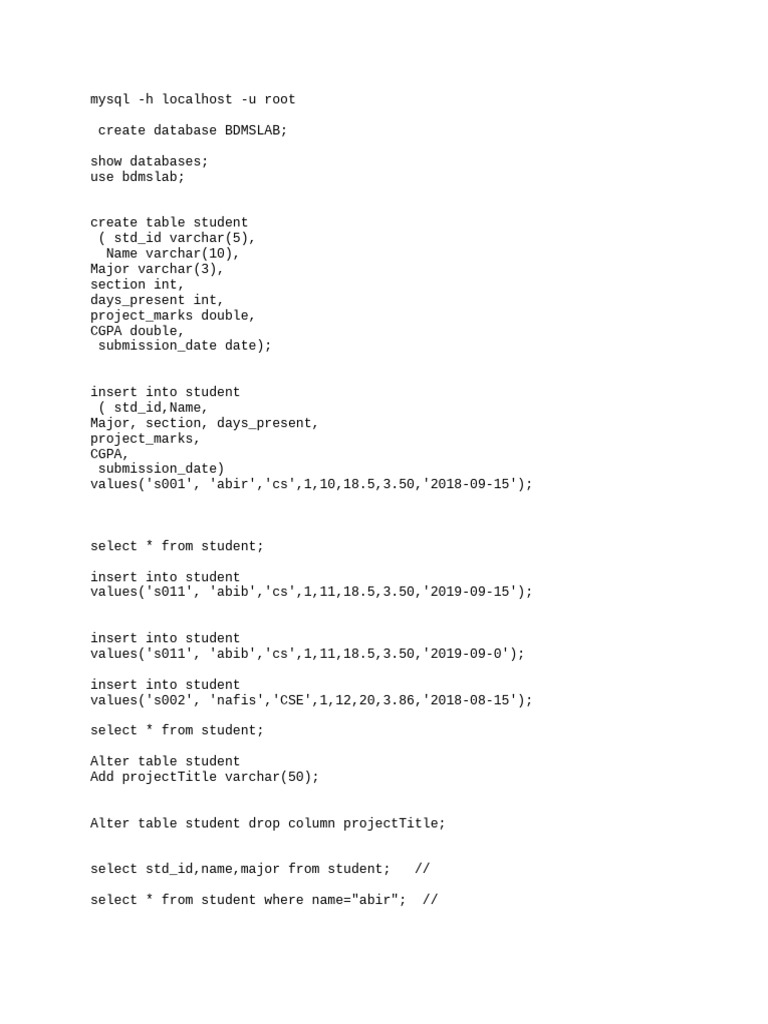 MySQL Database and Student Table Operations | PDF