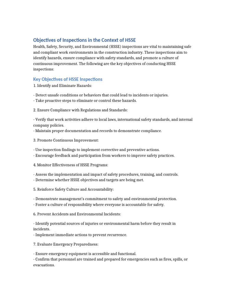 HSSE Inspection Objectives in Construction | PDF