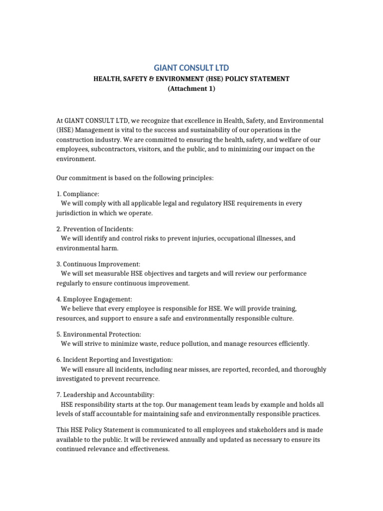HSE Policy Statement for GIANT CONSULT | PDF
