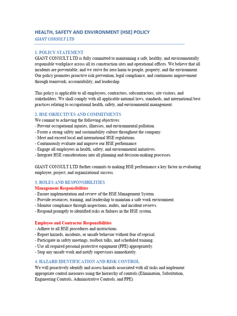 HSE Policy for Construction Safety | PDF | Occupational Safety And ...