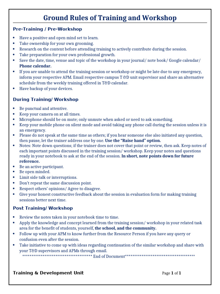 Training and Workshop Ground Rules | PDF | Communication | Human ...