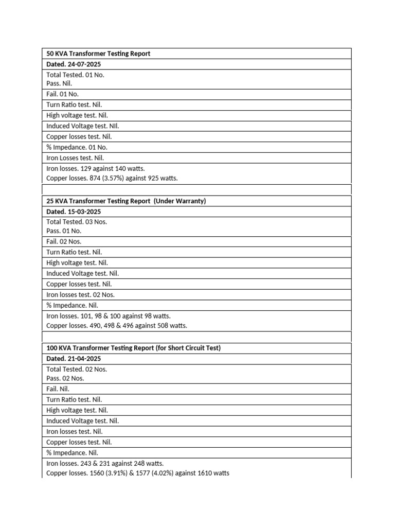 Transformer Testing Reports Summary | PDF