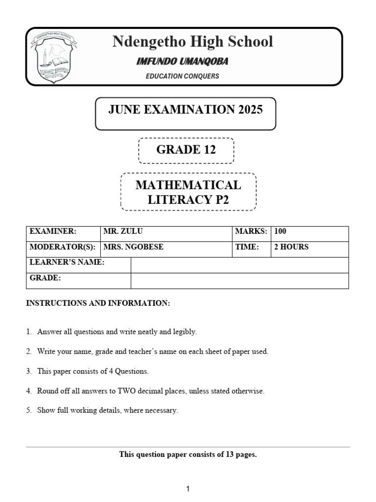 Grade 12 Maths Literacy P2 June 2025 | PDF