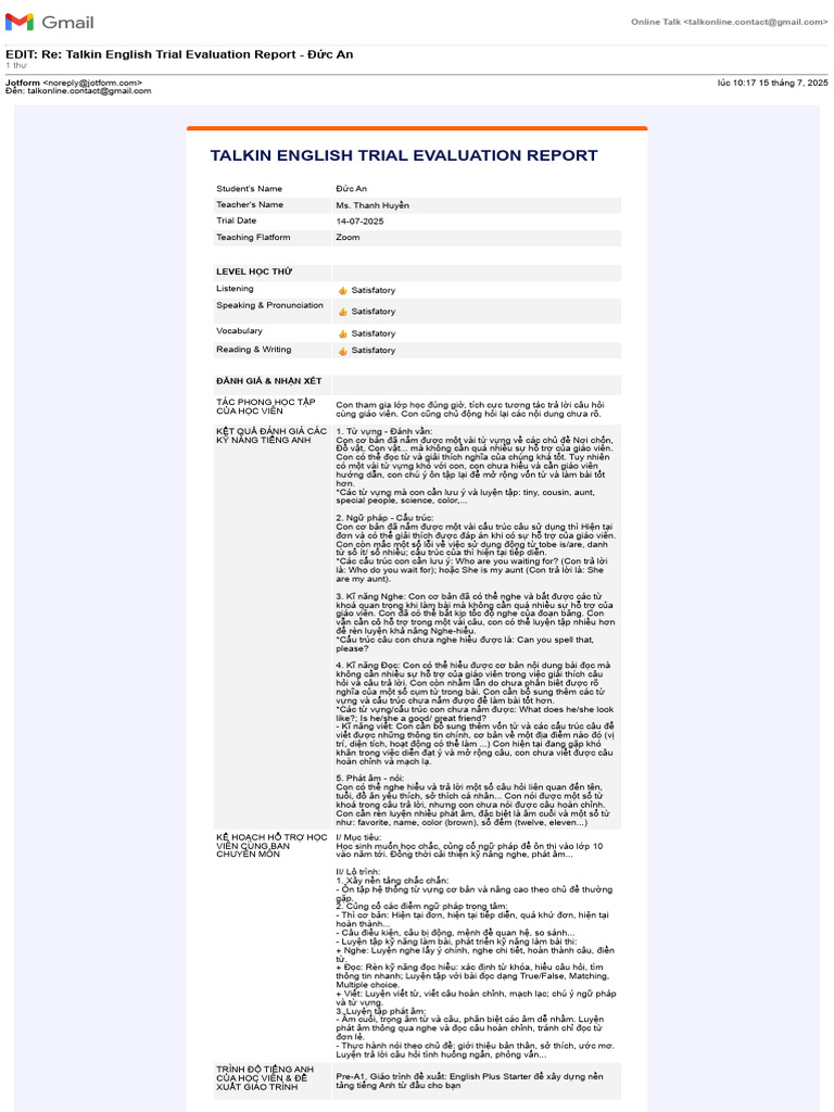 Gmail - EDIT - Re - Talkin English Trial Evaluation Report - Đ C An | PDF
