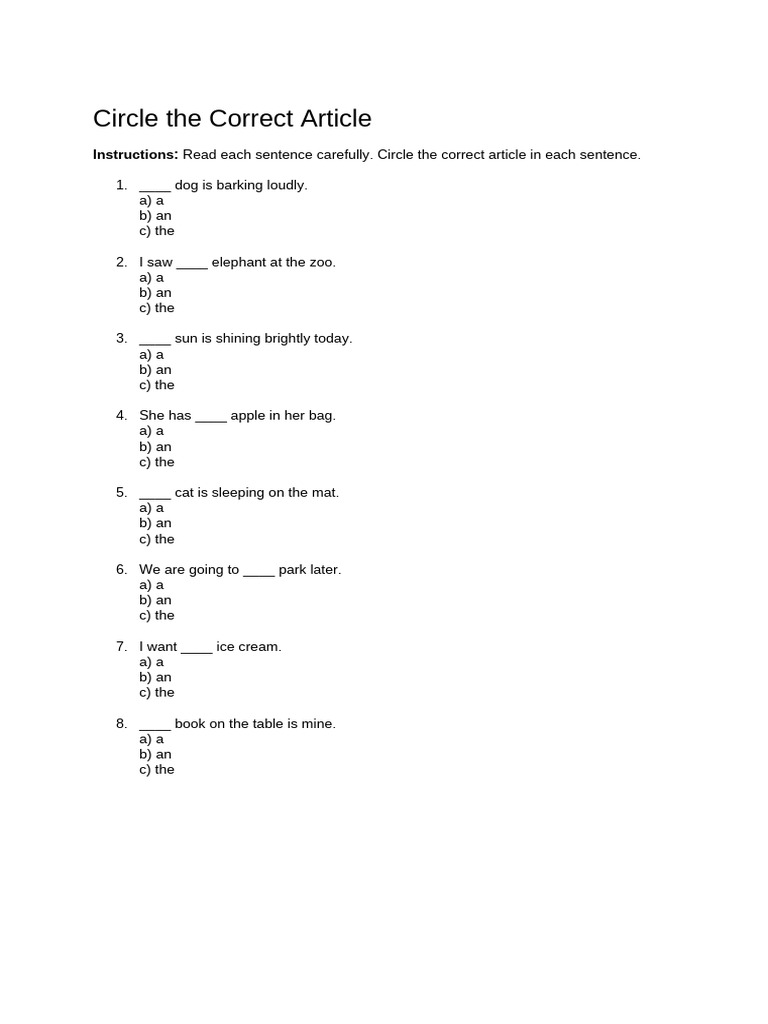 Circle the Correct Article Worksheet | PDF