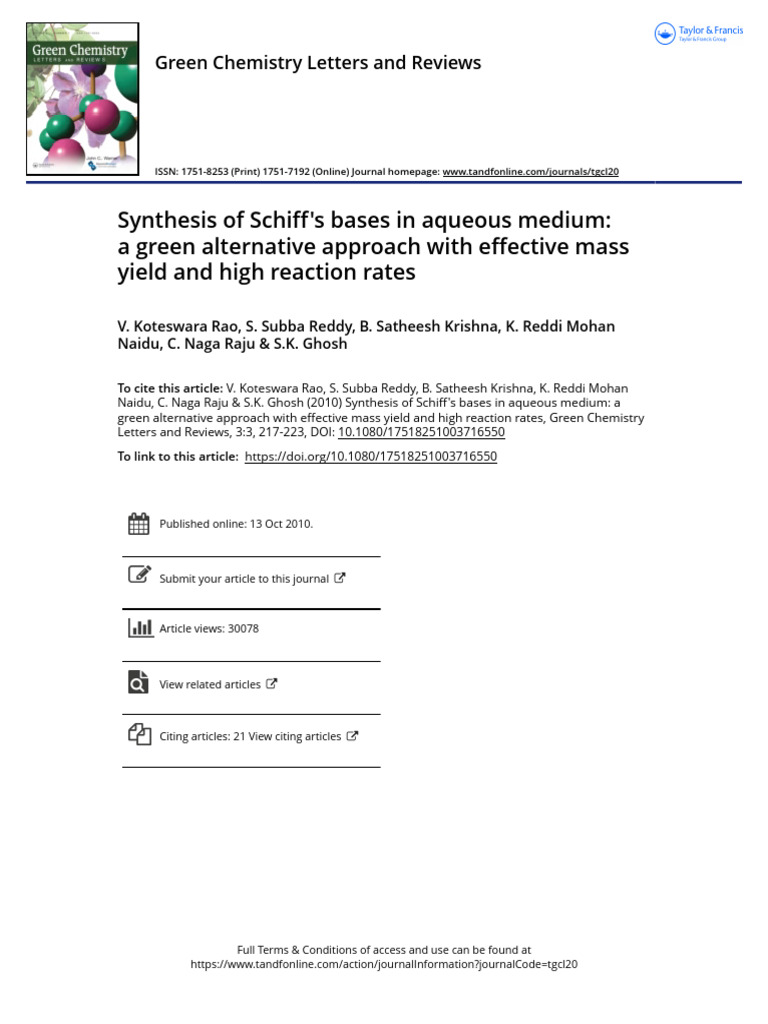 Synthesis of Schiff S Bases in Aqueous Medium A Green Alternative ...