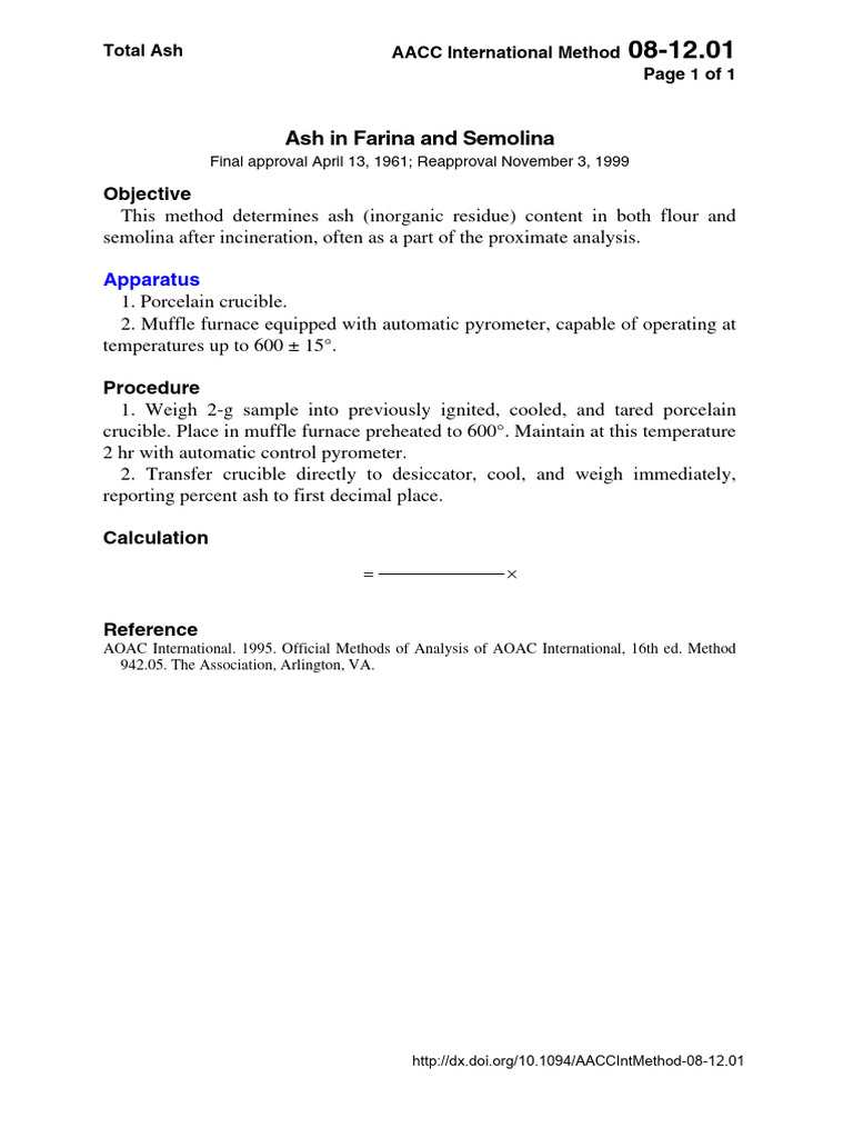 AOAC Method for Ash in Farina | PDF