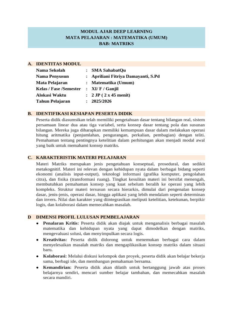 Modul Ajar Deep Learning Matematika XI | PDF