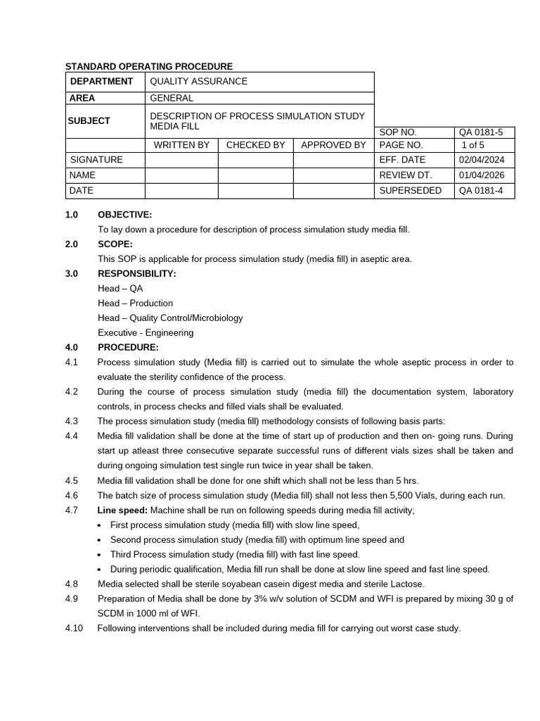 Media Fill Process Simulation SOP | PDF | Quality Assurance | Simulation