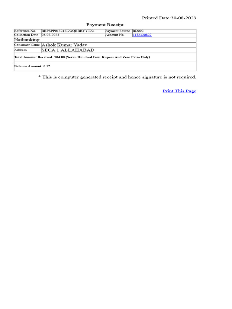 Online Payment Receipt for Ashok Yadav | PDF